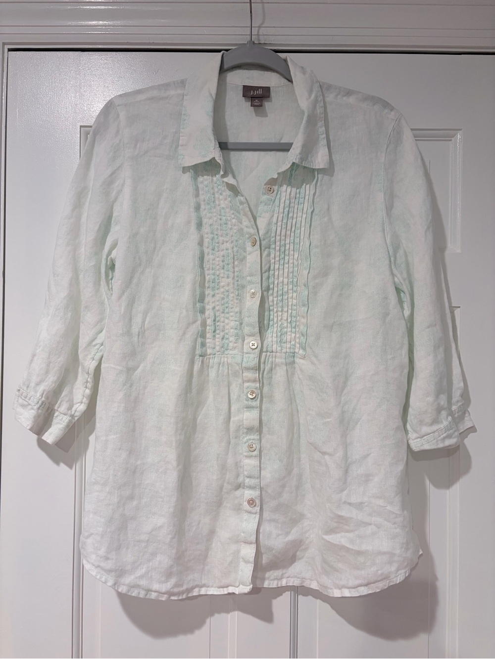 J. Jill 100% Linen Floral Pintuck Button Down Tunic Blouse MP Petite